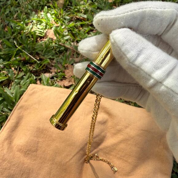 Vintage Gucci Golden Stick Perfume Bottle Necklace Webbing Green Red Sherry Line - Picture 4 of 11